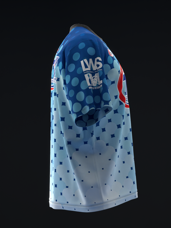 Light blue bowling jersey with dark blue dot pattern and LWS graphic, back view