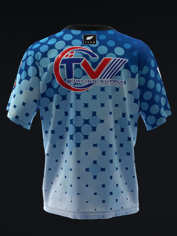 Back view of blue bowling jersey with geometric dot and square pattern gradient