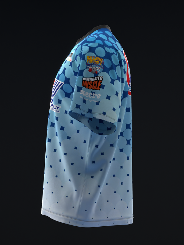 Light blue bowling jersey with dark blue dot pattern and graphic text design