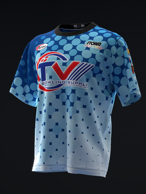 Front view bowling jersey with blue gradient and dot pattern, red and white logo graphic