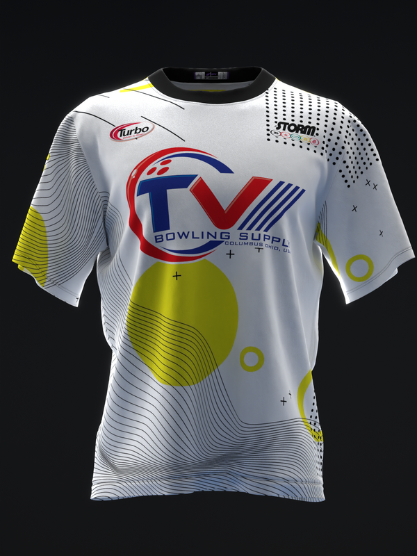 White bowling jersey with red and blue TV logo, yellow and gray wave patterns, front view