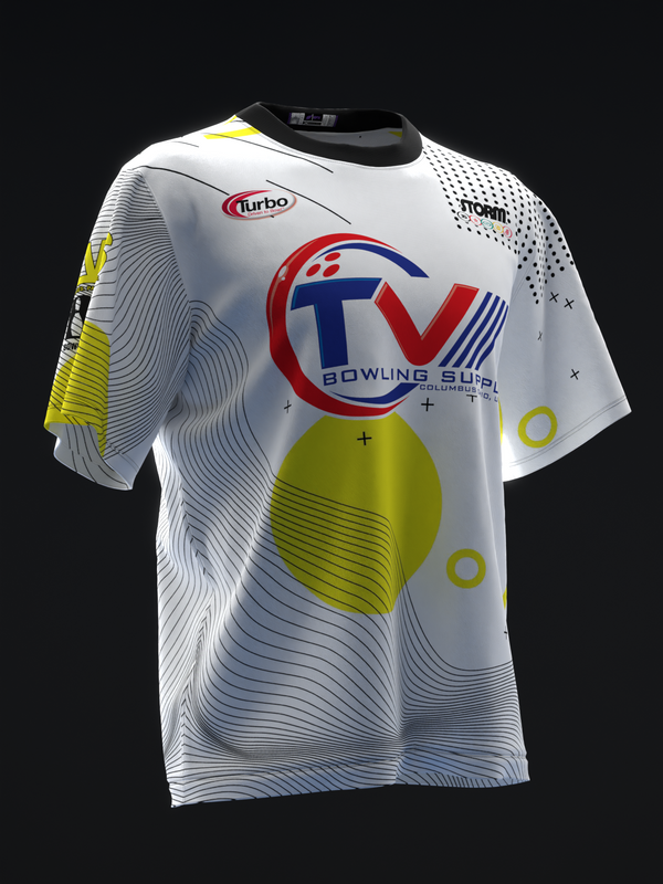 White bowling jersey with red and blue TV logo, yellow and gray wave pattern design