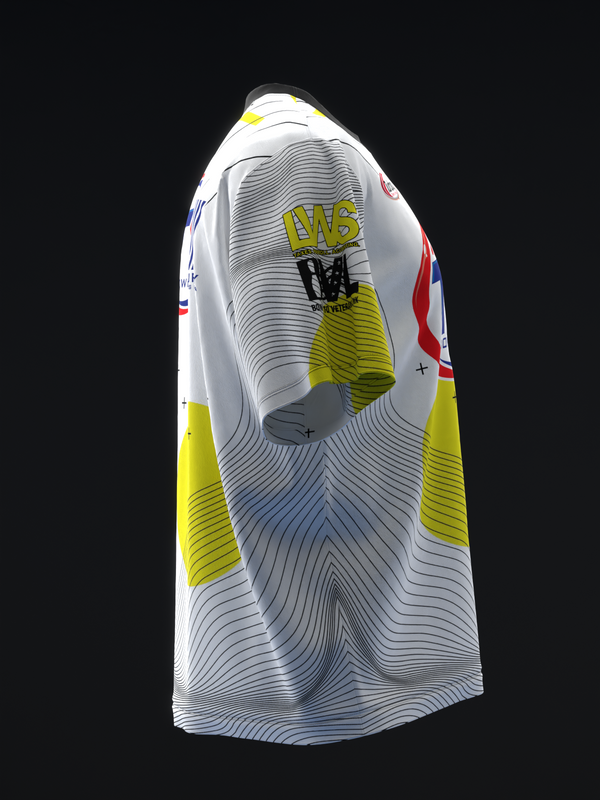White bowling jersey with yellow side panels and wave pattern graphic on front