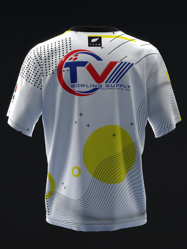 White bowling jersey with red and blue logo, yellow accents, and wave pattern detail