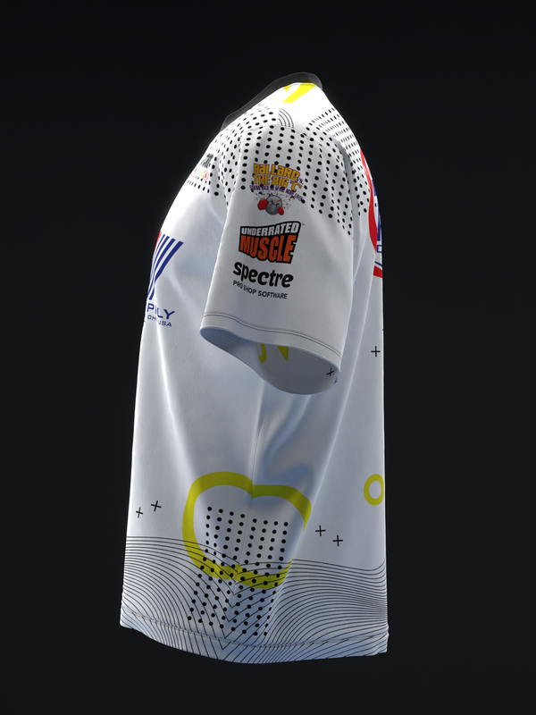 White bowling jersey with geometric wave pattern, sponsor logos, and mesh panels