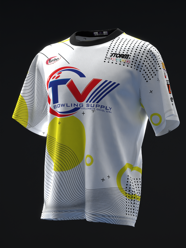 White bowling jersey with red and blue logo, yellow and gray wave pattern details
