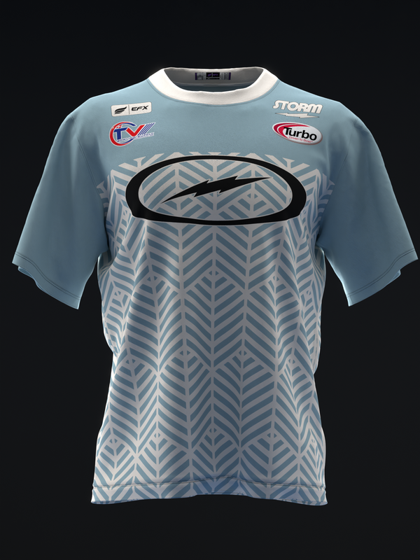 Light blue bowling jersey with geometric chevron pattern and brand logos