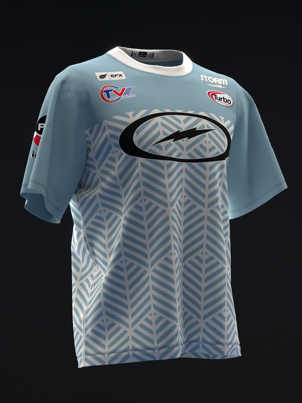 Light blue bowling jersey with geometric chevron pattern and black oval graphic