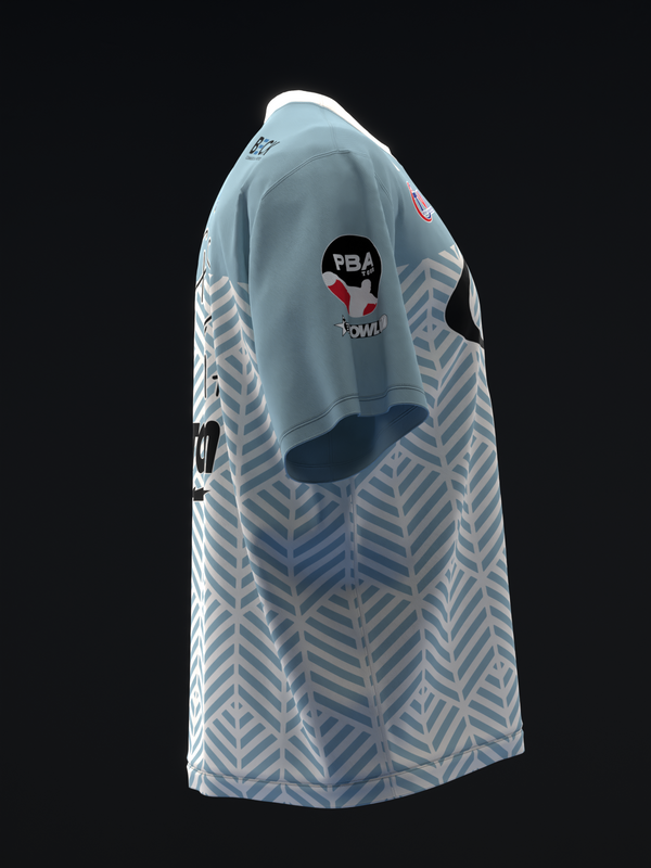 Light blue bowling jersey with geometric chevron pattern and PBA logo on back view