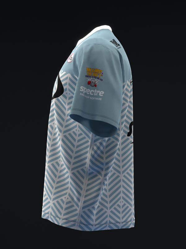Light blue bowling jersey with white chevron pattern and text graphics, side view