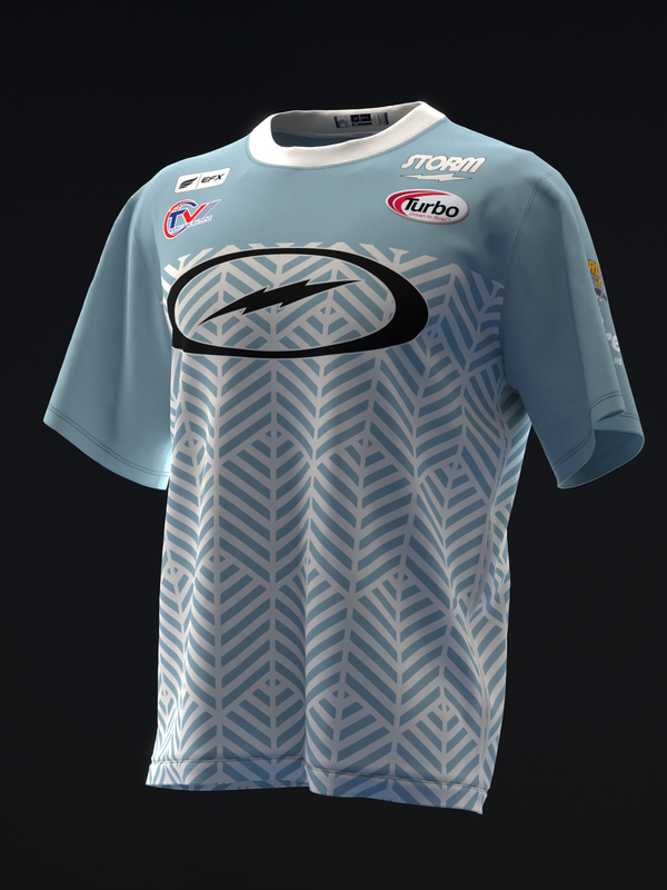 Light blue bowling jersey with white chevron pattern and black oval graphic