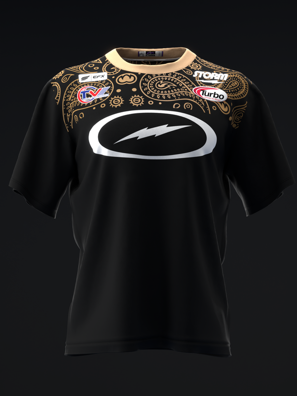 Black bowling jersey with gold paisley yoke and white lightning bolt graphic front view