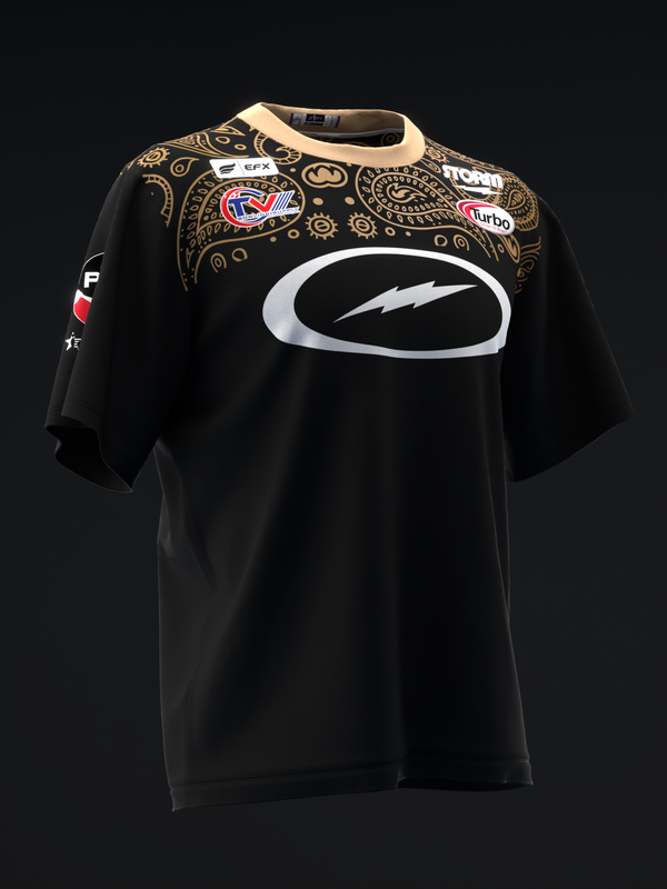 Black bowling jersey with gold paisley yoke and white lightning bolt graphic