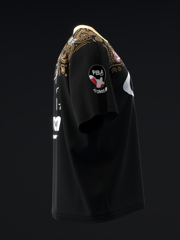 Black bowling jersey with gold paisley sleeves and PBA logo graphic on chest