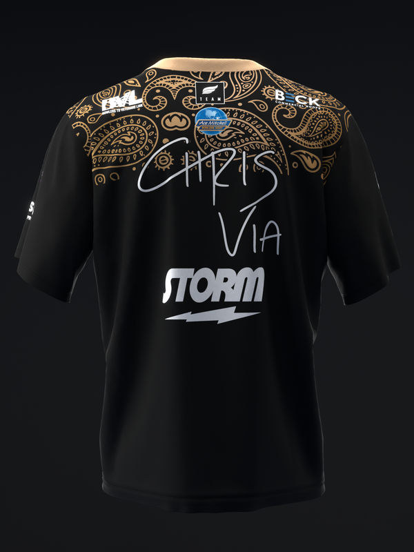 Black bowling jersey with gold intricate paisley design on chest and shoulders