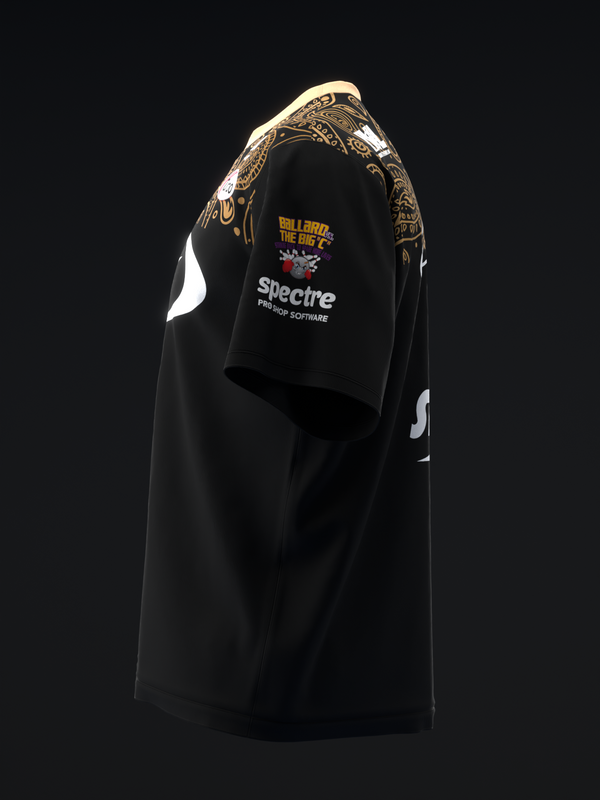 Black bowling jersey with gold paisley sleeves and colorful chest graphic text