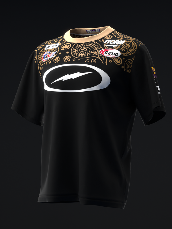 Black bowling jersey with white oval logo and gold paisley yoke detail, front view