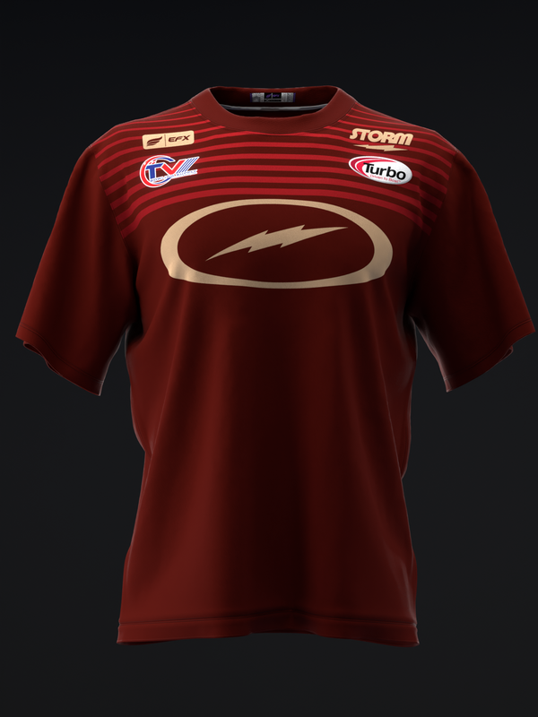 Red bowling jersey with horizontal stripes and large oval logo graphic front view