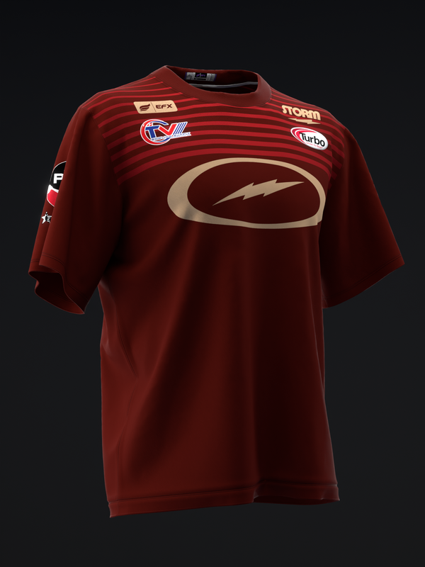 Burgundy bowling jersey with horizontal stripes, lightning bolt logo, and sponsor patches, front view