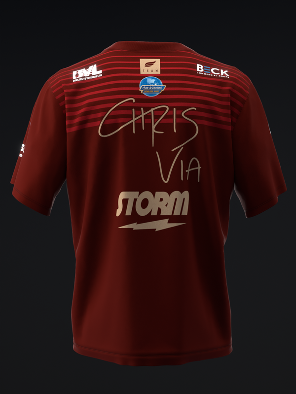 Red bowling jersey with horizontal lines, Storm logo, and handwritten signature on back