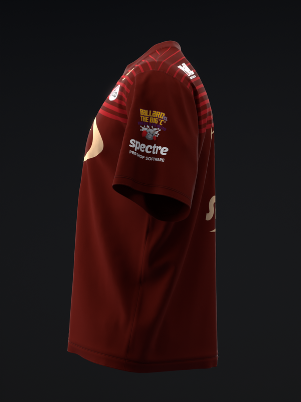 Deep red bowling jersey with striped shoulders and Spectre logo on front