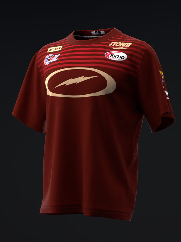 Red bowling jersey with horizontal stripes and oval logo on front