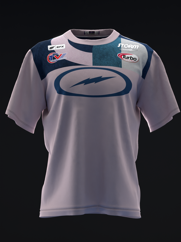 Lavender bowling jersey with navy yoke, curved logo, and sponsor patches