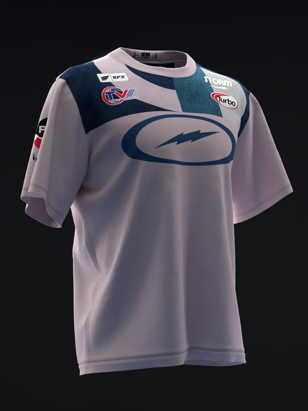 Light gray bowling jersey with dark blue curved graphic and sponsor logos on front view