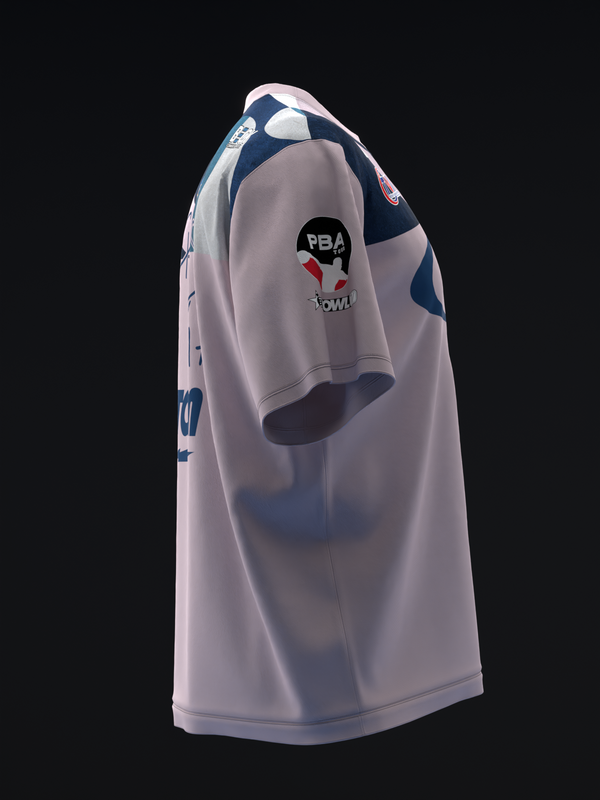 White bowling jersey with navy and blue geometric pattern on shoulder and sleeve