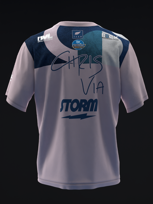Back view of lavender bowling jersey with navy yoke and Storm logo graphic