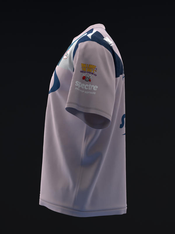 Light gray bowling jersey with navy blue shoulders and Spectre branding visible