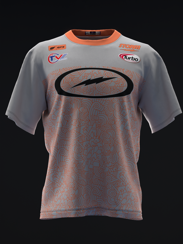 Gray bowling jersey with orange trim and geometric pattern graphic on front