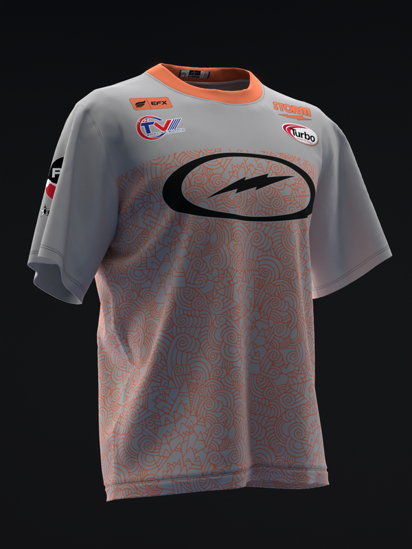 Gray and orange bowling jersey with abstract geometric pattern and black oval logo