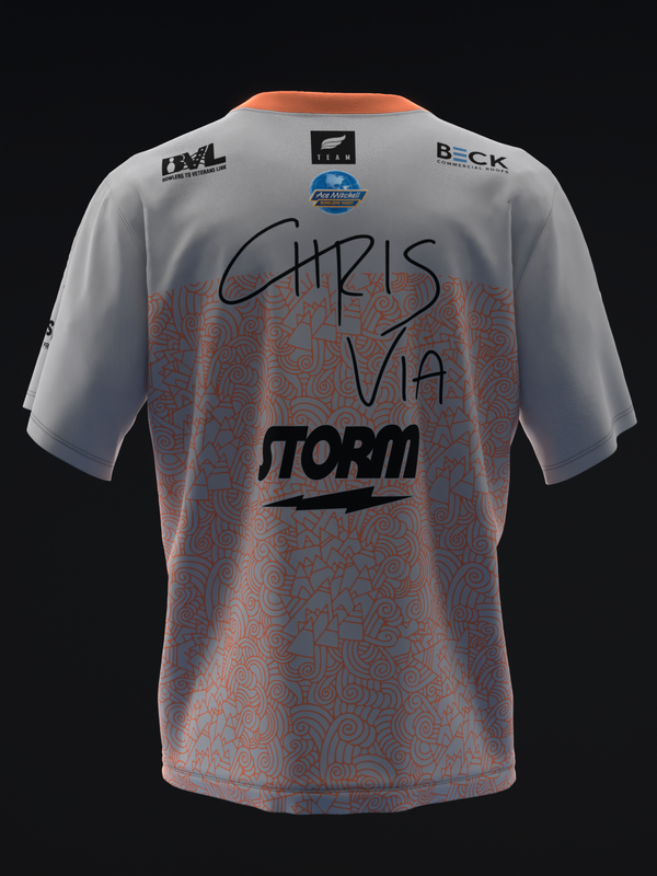 Back view of bowling jersey with orange and gray colorblock design and abstract pattern