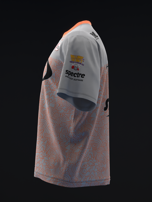 Gray and coral bowling jersey with abstract geometric pattern and text graphics, side view