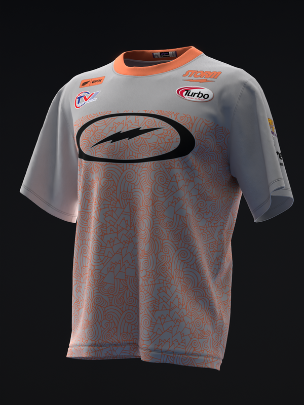 Gray bowling jersey with orange trim and geometric pattern design, front view