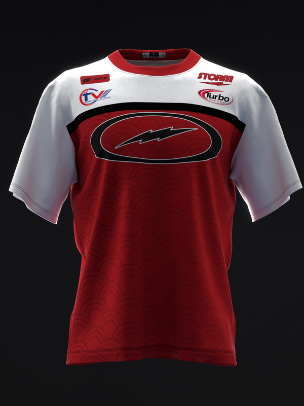 Red and white bowling jersey with oval logo and sponsor graphics, front view