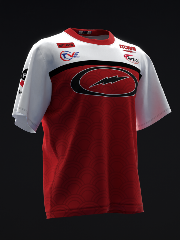 Red and white bowling jersey with black oval graphic and sponsor logos