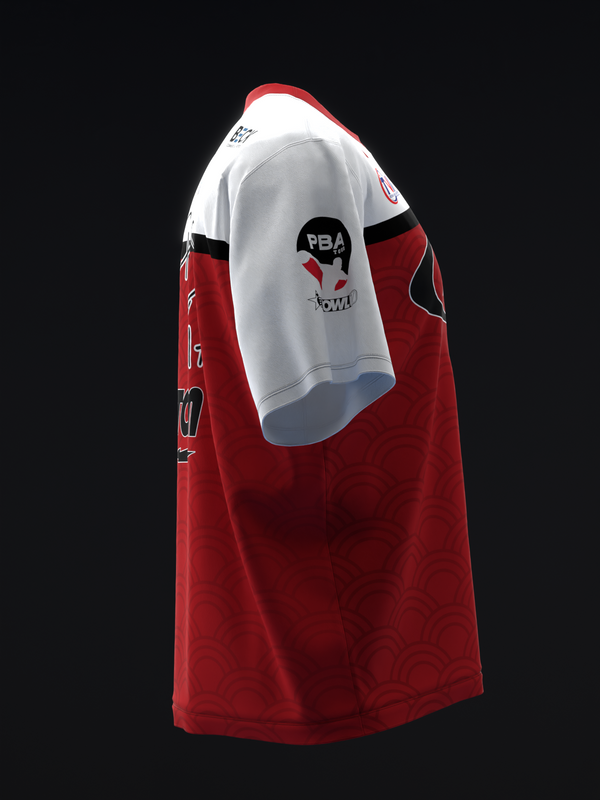 Red and white bowling jersey with black accents and PBA logo visible
