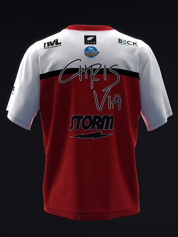 Red and white bowling jersey with Chris Via Storm graphics on front back view