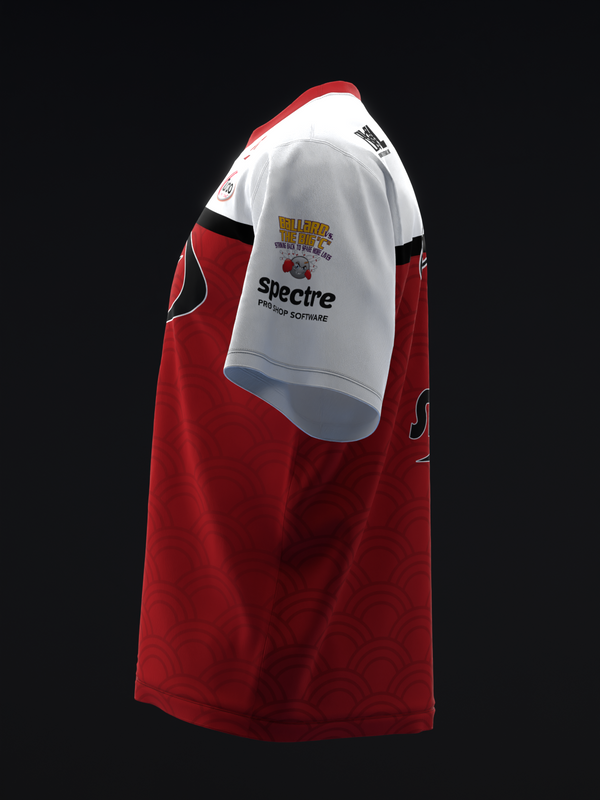 Red and white bowling jersey with Spectre branding and graphic design detail