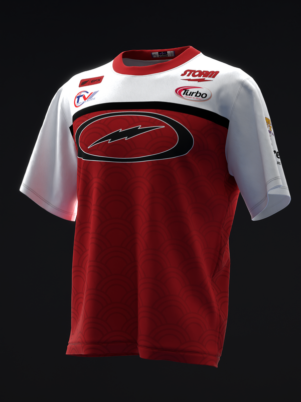 Red and white bowling jersey with black oval graphic and lightning bolt design front view
