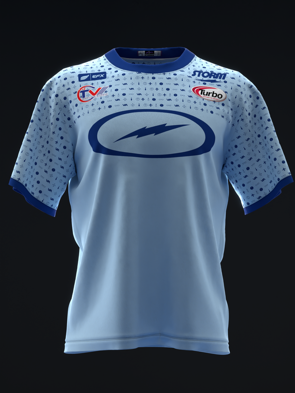 Light blue bowling jersey with navy pattern sleeves and central logo graphic