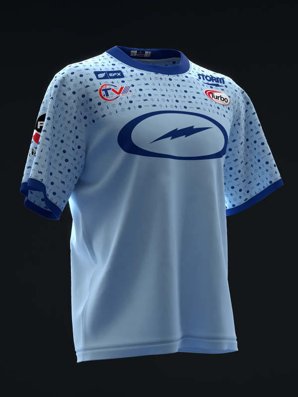 Light blue bowling jersey with dark blue polka dot shoulders and oval logo graphic front view