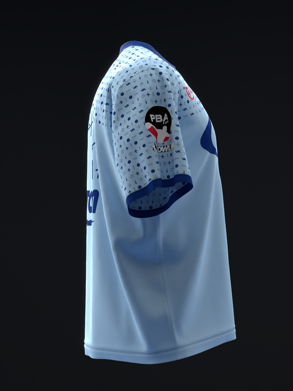 Light blue bowling jersey with dotted pattern and navy graphic design, side view