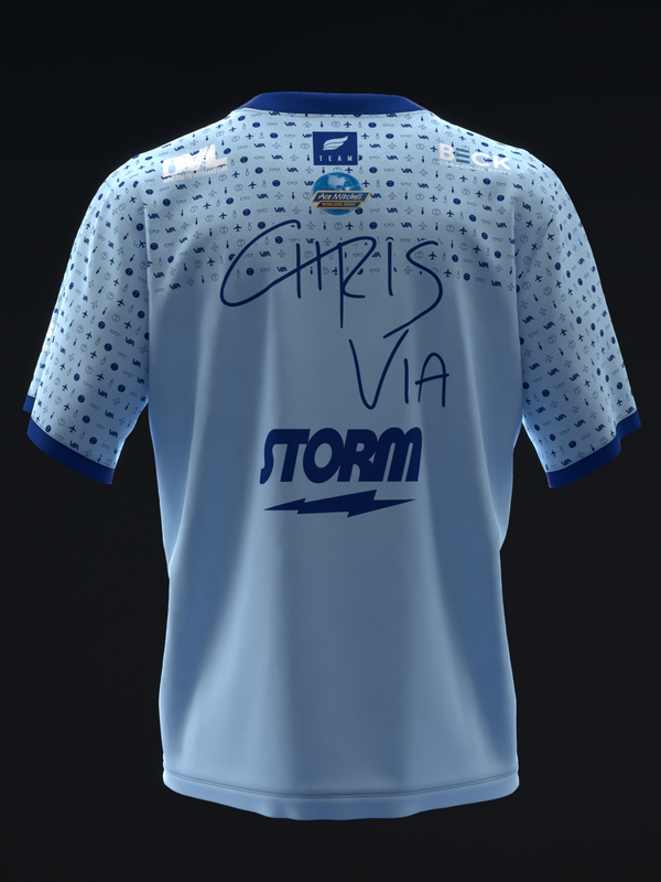 Light blue bowling jersey back view with dotted sleeves and Storm logo graphic