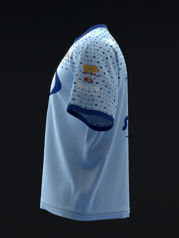 White bowling jersey with light blue shoulders and navy curved graphic detail