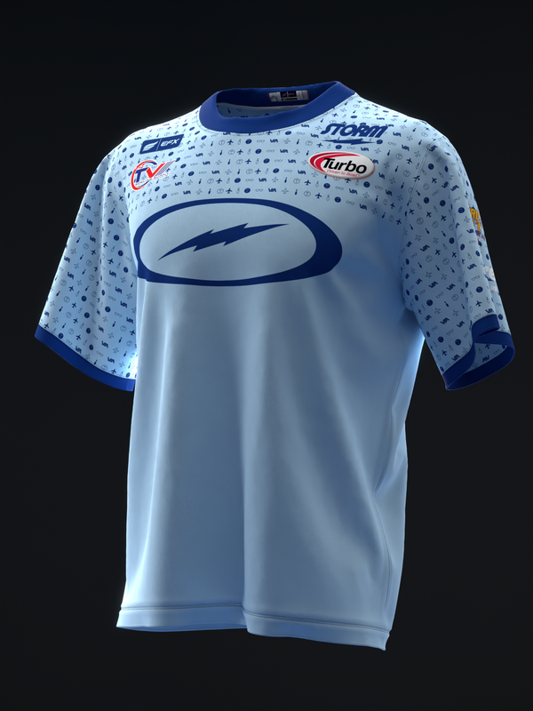 Light blue bowling jersey front with navy pattern, oval logo, and Turbo branding