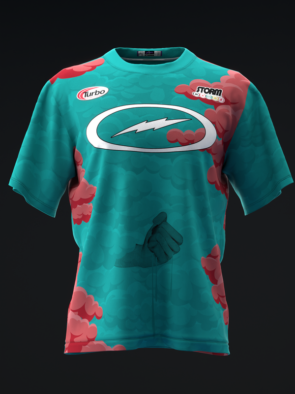Turbo and Storm bowling jersey front, turquoise with red cloud pattern and white oval logo