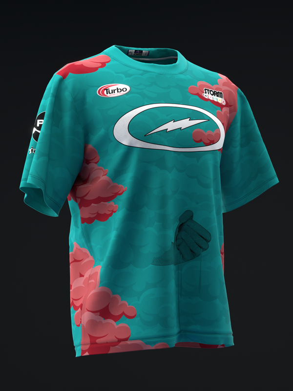 Turquoise bowling jersey with red hand-shaped cloud pattern and lightning bolt logo